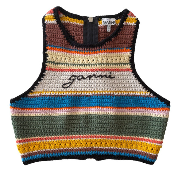 Ganni Crochet Racerback Logo Bikini Top Zip Back Crop Size 32 (0 XS) - Picture 1 of 8